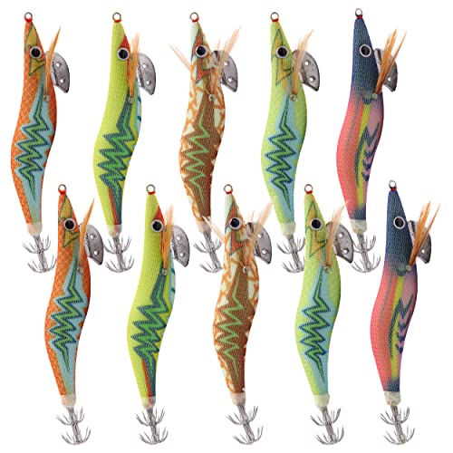 Shaddock Kunstköder für Tintenfisch, 10 Stück, Köder aus leuchtendem Holz, Angelköder mit Haken zum Angeln, 3.0#-10pcs von Shaddock