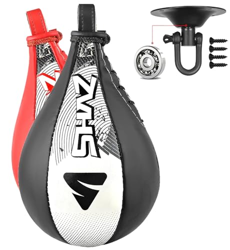 SHAZ Skin-Tec Leder-Boxsack mit Drehgelenk, Boxtraining, Speedbag, MMA, Muay Thai, Punching-Ball, Speedball, mit hängender Drehhalterung, Dodge Striking Speedball (schwarz/weiß) von Shaz