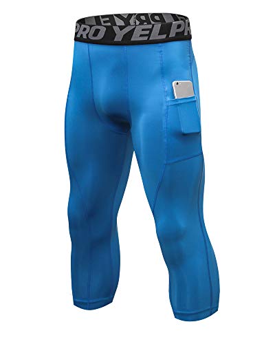 3/4 Sport Leggings Herren Schnell Trocknende Laufhose Kompressionshose Training Shorts mit Taschen Blau XL von Shengwan