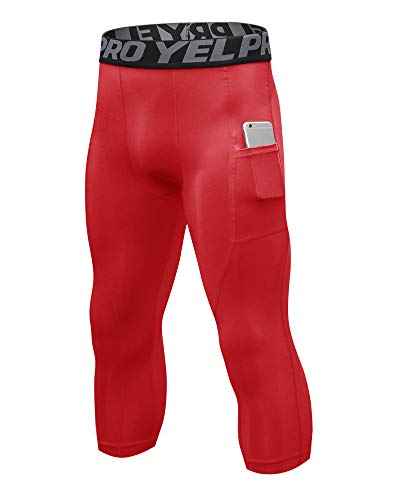 3/4 Sport Leggings Herren Schnell Trocknende Laufhose Kompressionshose Training Shorts mit Taschen Rot L von Shengwan
