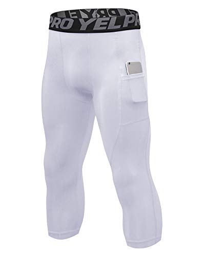 3/4 Sport Leggings Herren Schnell Trocknende Laufhose Kompressionshose Training Shorts mit Taschen Weiß M von Shengwan