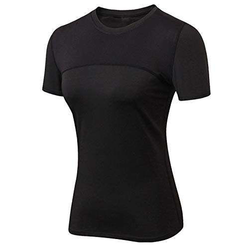 Shengwan Damen Kompressionsshirts Schnell trocknend Sport Fitness Training Laufen Kurzarm T-Shirt Schwarz XL von Shengwan