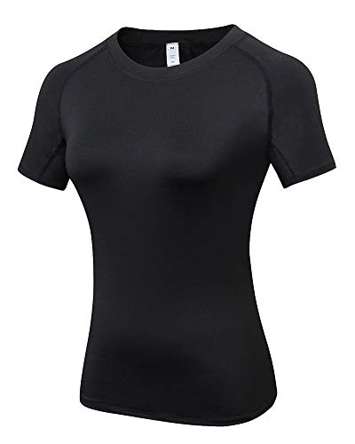 Shengwan Laufshirt Damen Kurzarm Kompressionsshirt Schnelltrocknendes Yoga Trainingsshirt Schwarz XS von Shengwan