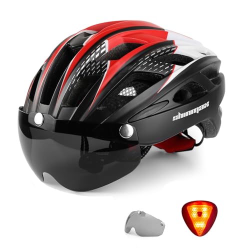 Shinmax Fahrradhelm Herren Damen Fahrradhelm mit Visier Abnehmbarer Schutzbrille MTB Helm mit Licht Männer Frauen Mountainbike Helm Mountain Road Fahrradhelme Einstellbarer Sicherheitsschutz NR-096 von Shinmax