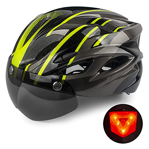 Shinmax Fahrradhelm Herren Damen,Fahrradhelm mit Visier Abnehmbarer Schutzbrille MTB Helm mit LED Rücklicht Sicherheitsschutz für Erwachsene Radhelm Einstellbarer 56-62CM von Shinmax