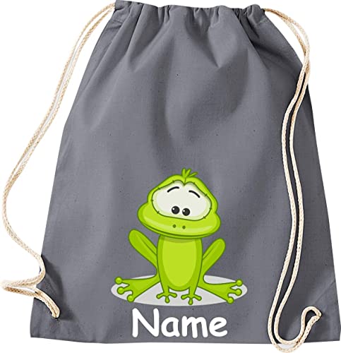 Shirtinstyle Turnbeutel, Tiere Frosch mit Wunschnamen, Kinder, Stoffbeutel, Kinderrucksack, Jute, Gymsack, Farbe grau von Shirtinstyle