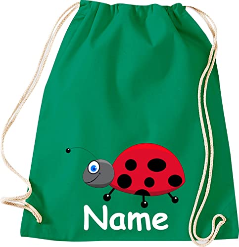 Shirtinstyle Turnbeutel, Tiere Marienkäfer mit Wunschnamen, Kinder, Stoffbeutel, Kinderrucksack, Jute, Gymsack, Farbe Kellygreen von Shirtinstyle