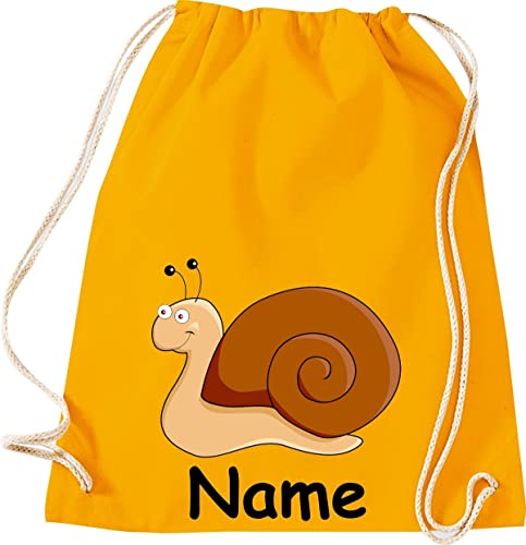 Shirtinstyle Turnbeutel, Tiere Schnecke mit Wunschnamen, Kinder, Stoffbeutel, Kinderrucksack, Jute, Gymsack, Farbe Mustard von Shirtinstyle