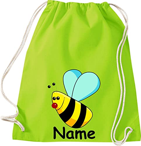 Shirtinstyle Turnbeutel, Tiere Biene mit Wunschnamen, Kinder, Stoffbeutel, Kinderrucksack, Jute, Gymsack, Farbe Lime von Shirtinstyle