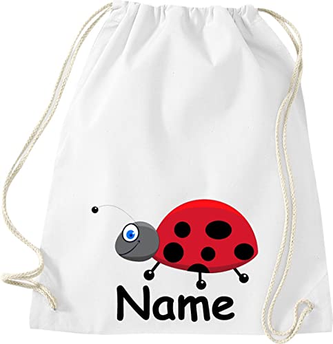 Shirtinstyle Turnbeutel, Tiere Marienkäfer mit Wunschnamen, Kinder, Stoffbeutel, Kinderrucksack, Jute, Gymsack, Farbe Weiss von Shirtinstyle