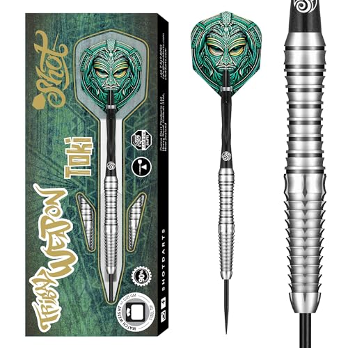 Shot! Tribal Weapon Toki Steeltip Darts-Set, 90% Wolfram, mittig gewichtet, professionelle Dartpfeile für Borsten-Dartscheibe, hergestellt in Neuseeland von Shot!