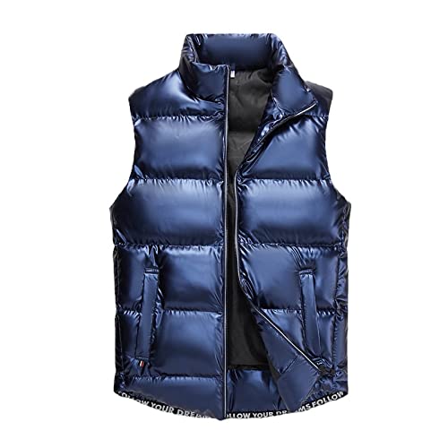 Shouqiao Glänzende Herren-Daunenweste Mit Stehkragen Für Den Winter Im Freien Gepolsterte Weste Warm Verdicken Reißverschluss Ärmellose Jacke Mit Taschen Blau 5XL von Shouqiao