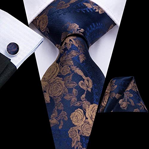 Shouqiao Herren Krawatte Set Blau Braun Blumen Seide Krawatte Set Krawatte Taschentuch Manschettenknöpfe Gewebte Krawatte Set für Männer Business Hochzeit Party Krawatte,wie abgebildet von Shouqiao