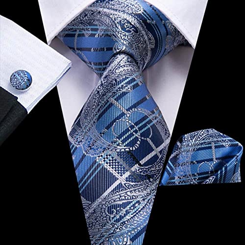 Shouqiao Herren Krawatte Set Blau Silber Paisley Seide Krawatte Set Krawatte Taschentuch Manschettenknöpfe Gewebte Krawatte Set für Männer Business Hochzeit Party Krawatte,wie Gezeigt von Shouqiao