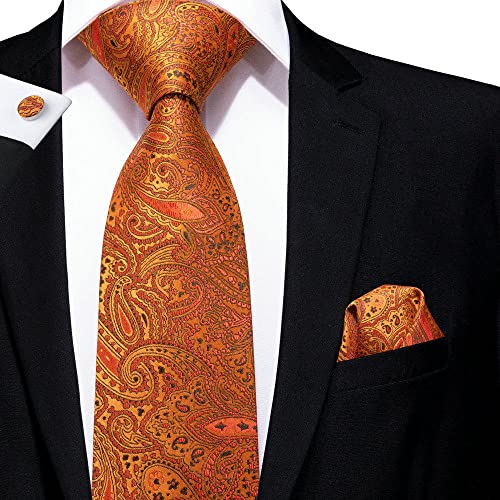 Shouqiao Herren Seide Hochzeit Krawatte Set Neuheit Orange gestreifte Krawatte Set Krawatte Taschentuch Manschettenknöpfe Gewebte Krawatte Set für Männer Business Party Krawatte,5 von Shouqiao