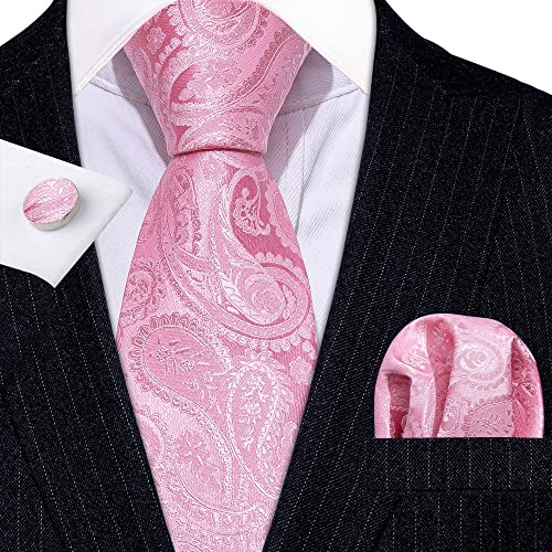 Shouqiao Herren Seidenkrawatte Set Classic Pink Paisley Gewebte Krawatte Set Hochzeitskrawatte Set für Männer Krawatte Taschentuch Manschettenknöpfe Business Party Krawatte,wie abgebildet von Shouqiao