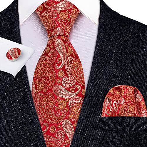 Shouqiao Herren rote Seidenkrawatte Set Klassisches gewebtes Jacquard Hochzeitskrawatte Set Krawatte Taschentuch Manschettenknöpfe Business Krawatte Set für Männer Party Krawatte,1 von Shouqiao