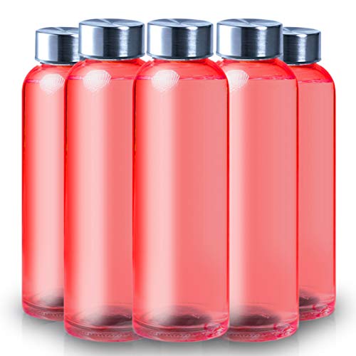 ShyaWorld Wasserflasche aus Glas mit transparentem Finish, Schraubverschluss aus Edelstahl. Einzelne Boxen pro Flasche. (Rot, 500 ml (5PCS)) von ShyaWorld