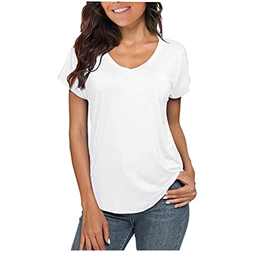 Damen T-Shirt Hemden Frauen Sommer Lässige Kurzarm-Oberteile Lose T-Shirts mit V-Ausschnitt Einfarbige Blusen Shirts Sommershirts Tee Shirts(White,L) von SicongHT