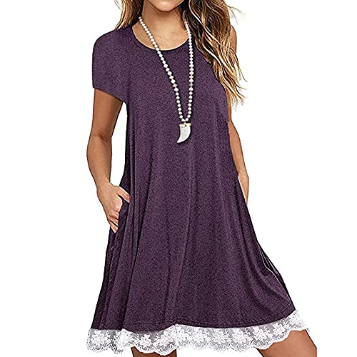 Kleider für Frauen Kleid Damen Kleider Knielanges Sommer-Casual-Tankkleid Kurzarm-Sommerkleid mit Spitzenbesatz und Taschen(Purple,XXL) von SicongHT