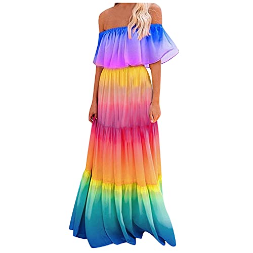 SicongHT Frauen stilvolle Regenbogen aus der Schulter Maxi-Kleid Geraffte Kleid Damen Kleider Abendparty Cocktailkleider(Blau,XL) von SicongHT