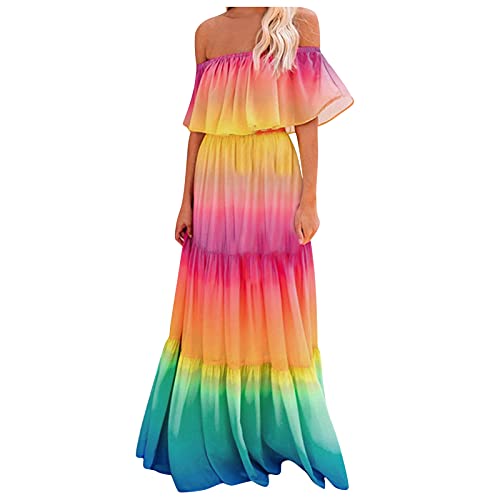 SicongHT Frauen stilvolle Regenbogen aus der Schulter Maxi-Kleid Geraffte Kleid Damen Kleider Abendparty Cocktailkleider(Rot,S) von SicongHT