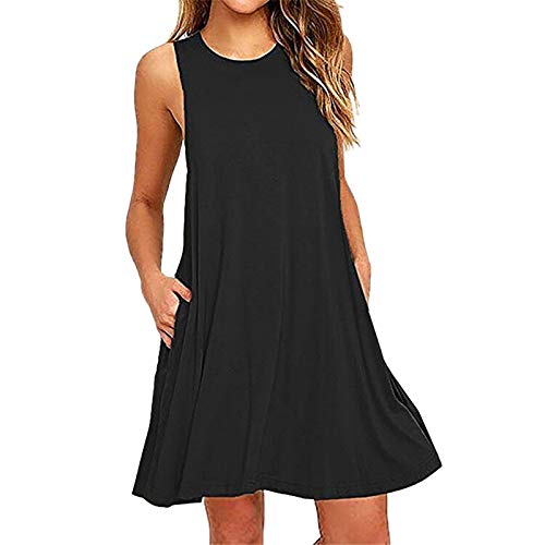 SicongHT Kleid Damen Kleider Sommer lässig T-Shirt Kleider Plain ärmelloses Swing-Kleid über Knielang mit Taschen(Black,M) von SicongHT