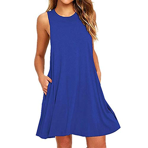 SicongHT Kleid Damen Kleider Sommer lässig T-Shirt Kleider Plain ärmelloses Swing-Kleid über Knielang mit Taschen(Blue,M) von SicongHT