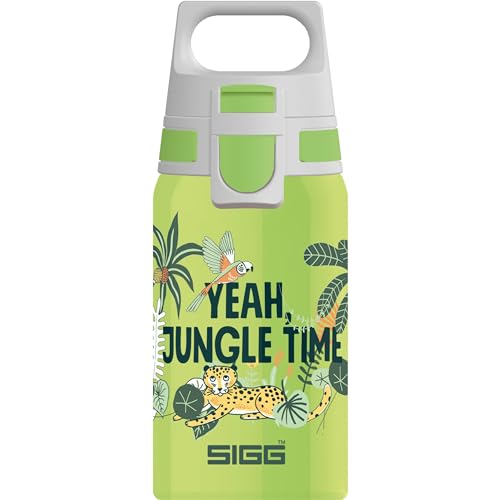 SIGG - Edelstahl Trinkflasche Kinder - Shield One Jungle - Für Kohlensäurehaltige Getränke Geeignet - Auslaufsicher - Federleicht - BPA-frei - Grün mit Jungel-Aufdruck - 0,5L von SIGG