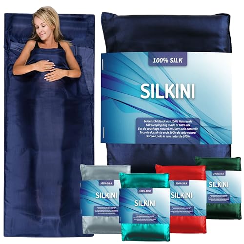 Silkini® - Seidenschlafsack aus 100% Naturseide, Hüttenschlafsack, Inlett, Sommerschlafsack aus echter Seide, blau von Silkini