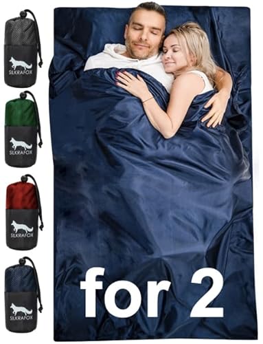 Silkrafox Compact for 2 – ultraleichter Hüttenschlafsack für 2 Personen, Inlay aus Mikrofaser, Kunst-Seidenschlafsack, Sommer Schlafsack, Inlett, blau von Silkrafox