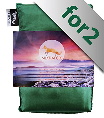 Silkrafox for 2 - ultraleichter Schlafsack für 2 Personen, Hüttenschlafsack, Inlett, Sommerschlafsack, Kunst- Seidenschlafsack, grün von Silkrafox