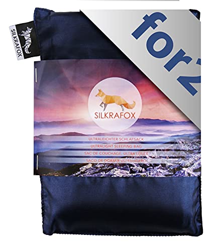 Silkrafox for 2 - ultraleichter Schlafsack für 2 Personen, Hüttenschlafsack, Inlett, Sommerschlafsack, Kunst- Seidenschlafsack. Blau von Silkrafox