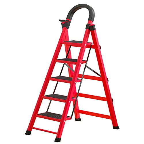 4-Stufen-Leiter, klappbarer Tritthocker mit Griff, 5-Stufen-Tritthocker mit breitem Anti-Rutsch-Pedal, tragbare, leichte Trittleiter für Haushalt und Büro – 550 Pfund Kapazität/Rot/4-Stufen-Leiter von SilteD