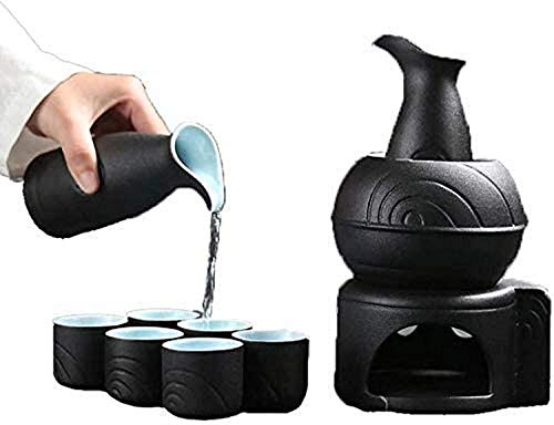 Sake-Set, Keramik-Sake-Set, 9-teiliges Sake-Set mit schwarzer Glasur, mit Stövchentopf und Kerzenofen, exquisites Keramik-Sake-Set für kalt/warm/Shochu/Tee von SilteD