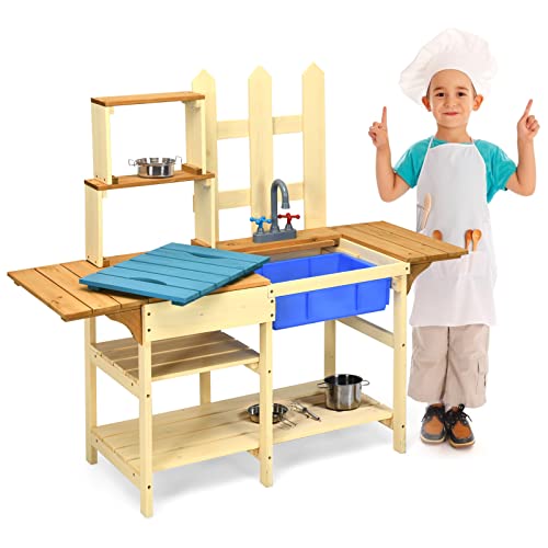 SilteD Schlammküche aus Holz, Rollenspielset für Kinder mit simuliertem Wasserhahn, Waschbecken, abnehmbarem Brett, Spielküchenset im Freien für Kinder und Kleinkinder von SilteD