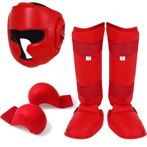 Simgoing 5-teiliges rotes Sparring-Ausrüstungs-Set, 1 x Box-Kopfbedeckung, Sicherheitshelm, 2 x Karate-Handschuhe, 2 x Karate-Schienbeinschoner und Karate-Schuhe, Boxausrüstung für Anfänger, Kinder, von Simgoing