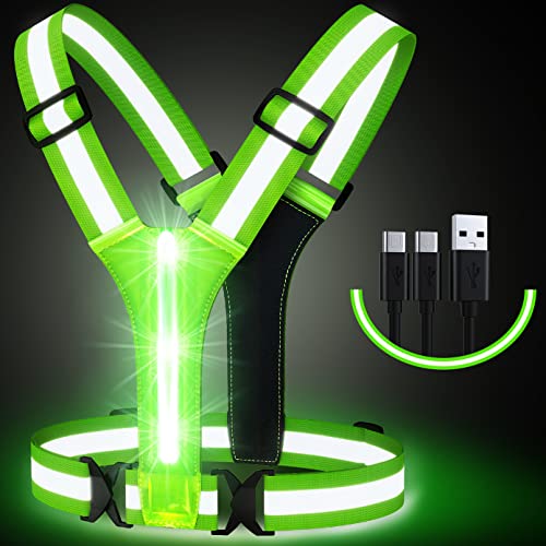 Simket Laufweste Reflektorweste Warnweste, LED Wiederaufladbare USB Lauflicht, Elastische Verstellbare Leuchtweste für Joggen Wandern oder Radfahren in der Nach (Green) von Simket
