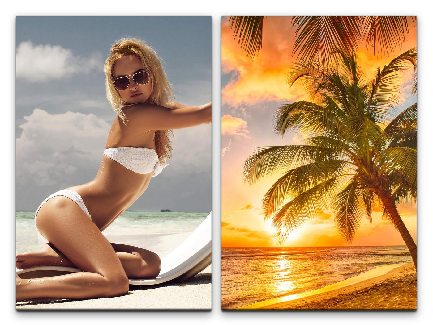 Sinus Art Leinwandbild 2 Bilder je 60x90cm Palmen Bikini Sexy Model Sonnenbrille Sommer Traumstrand Karibik von Sinus Art