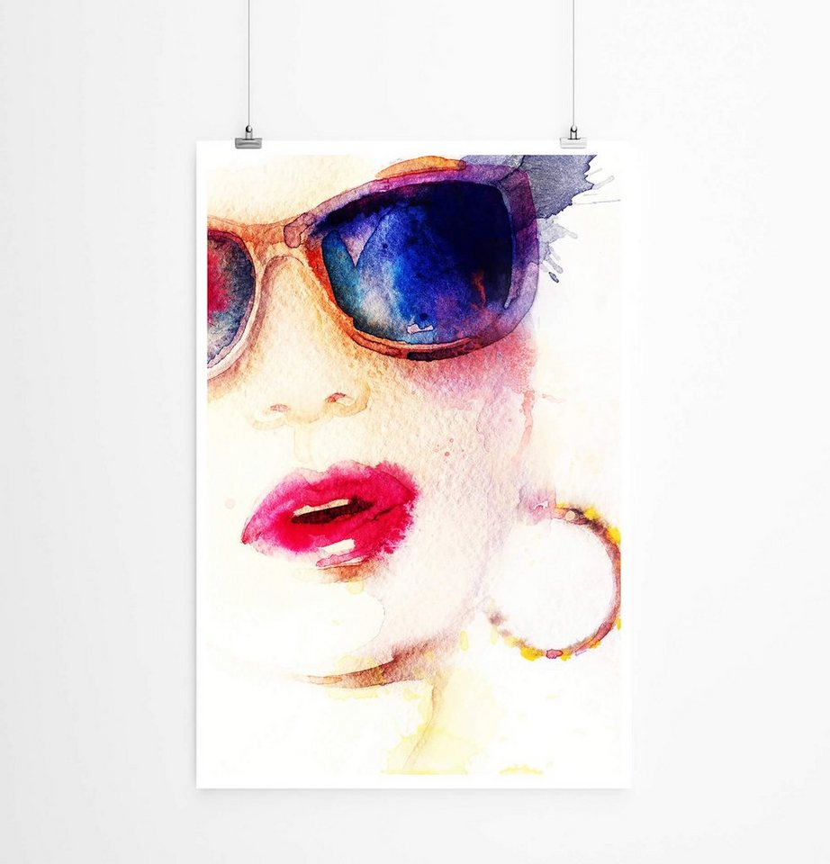 Sinus Art Poster Bild  Frau mit Sonnenbrille Kreolen und Kussmund 60x90cm Poster von Sinus Art