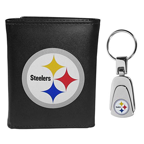 Siskiyou Sports NFL Pittsburgh Steelers Herren-Geldbörse aus Leder, dreifach gefaltet, mit Stahl-Schlüsselanhänger, Schwarz, Einheitsgröße FLTR160KP von Siskiyou