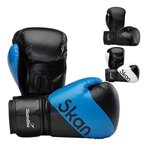 Skandika Boxhandschuhe 10 oz | Robuste Boxing Gloves für Männer und Frauen, angenähter Daumen, atmungsaktiver Mesh-Einsatz, Kunstleder, mit Tragetasche, für Boxsack Training und Sparring | blau von Skandika