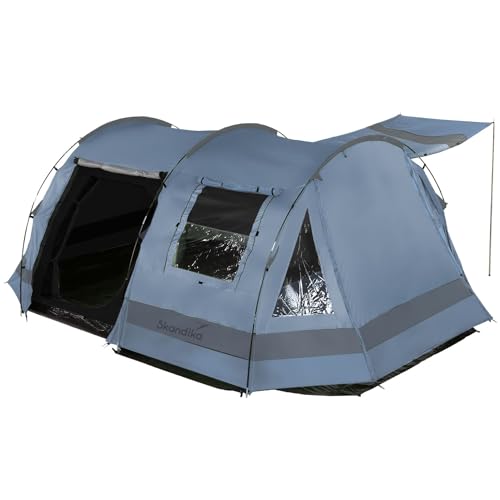 Skandika Kambo Tunnelzelt für 4 Personen | Zelt mit Schlafkabine für 4 Mann, Wasserdicht mit 3000 Wassersäule, 3 Eingänge, Sonnendach, Vorzelt | Campingzelt in blau von Skandika
