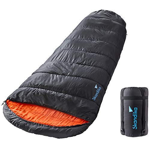 Skandika Schlafsack Vegas XXL Mumienschlafsack mit/ohne Polycotton Innenfutter, für Erwachsene, Doppelschlafsack, 3 Jahreszeiten, bis -12°C, 220 x 110 cm Camping Wandern (Schwarz/Orange | RV Links) von Skandika