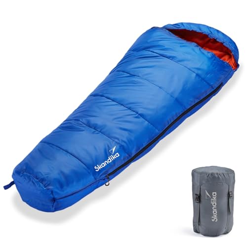Skandika Vegas Junior Kinderschlafsack | Outdoor Camping Schlafsack für Kinder, weiches Innenfutter, kuschelig weich, wasserabweisend, Komfortbereich von 12 bis 3°C, 170 x 70 cm (blau/orange) von Skandika