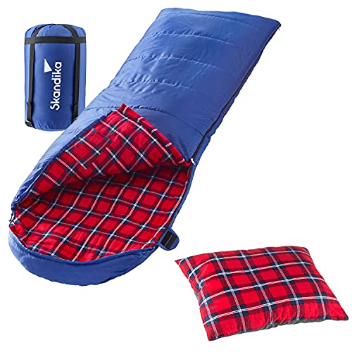 skandika Dundee Decken-Schlafsack, Luxus-Qualität, Baumwolle/Flanell Innenfutter, bis -20°C, 220x80 cm, koppelbar (Blau RV Links + Sleepyhead-Kissen (rot)) von Skandika
