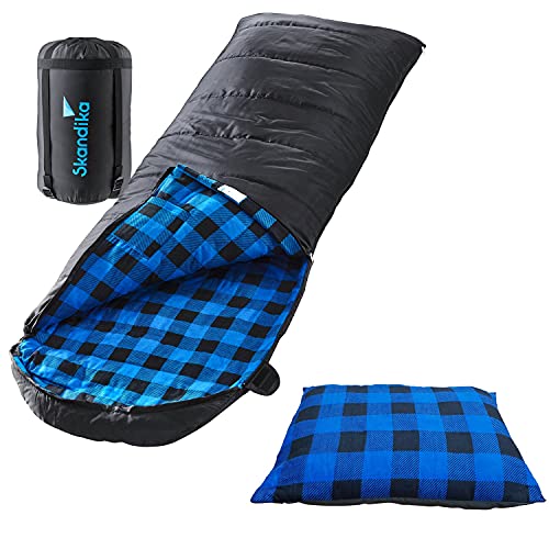 skandika Dundee Decken-Schlafsack, Luxus-Qualität, Baumwolle/Flanell Innenfutter, bis -20°C, 220x80 cm, koppelbar (Schwarz RV Links + Sleepyhead-Kissen (blau)) von Skandika