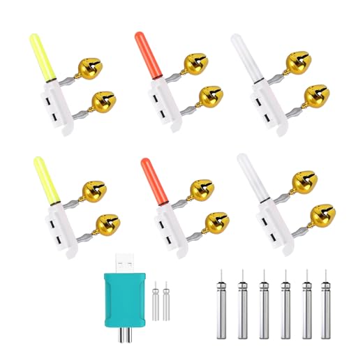 6 pcs LED Nachtlicht Knicklicht Angeln, Fischen Float LED Knicklicht mit Zwei Glocken, Angel-Alarmglocken Einschließlich Batterie, Geeignet für Rutenspitzengrößen von 1,5–3 mm (2*Grün+2*Rot+2*Weiß) von Skeadex