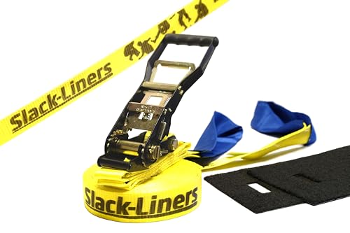 Slack-Liners 4 Teiliges Slackline-Set GELB - 50mm breit, 25m lang - mit Langhebelratsche Made in Germany von Slack-Liners