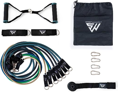 SmartWorkout® - Profi-Set mit Widerstandsbänder Krafttraining – Komplettpaket für Fitnesstraining, 19 Stück, 7 Resistance Bands insgesamt 120 kg, Stange für Fitnessbänder, Türanker & Trainingsprogramm von SmartWorkout